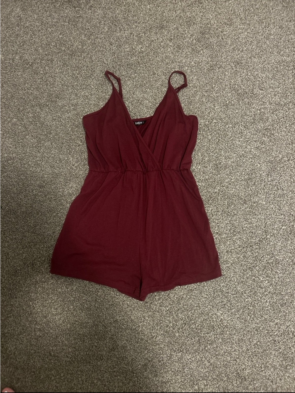 SHEIN Burgundy V-Neck Spaghetti Strap Romper Shorts